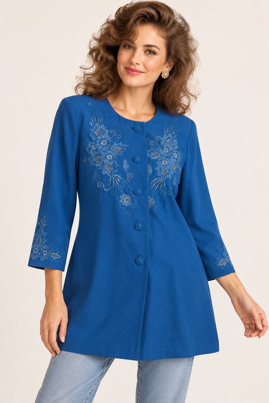 Vintage 90s TSK Womens M Blue Embroidered Floral Tunic Jacket Button Front